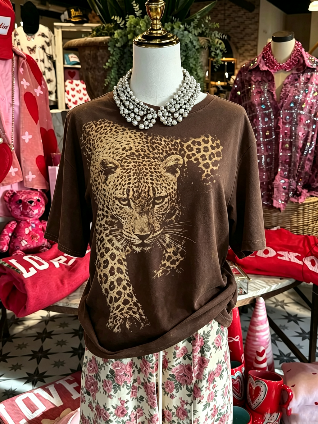 Brown Leopard Face Graphic Oversized Tee