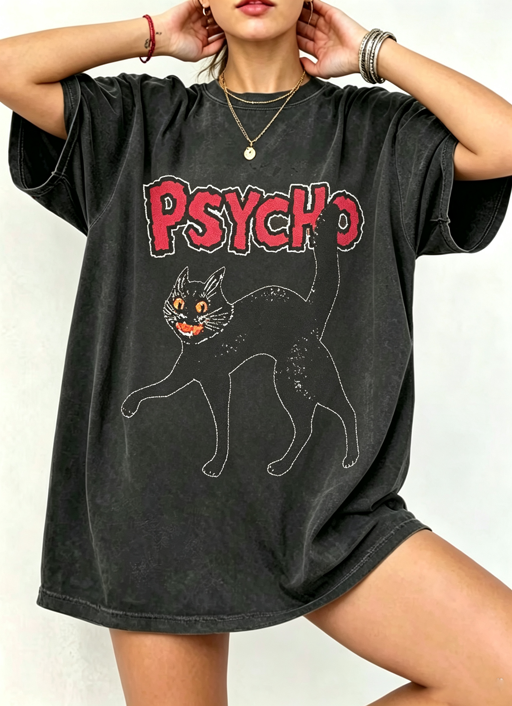 Psycho Cat Graphic Oversized Tee