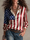 USA Flag Print Satin Shirt