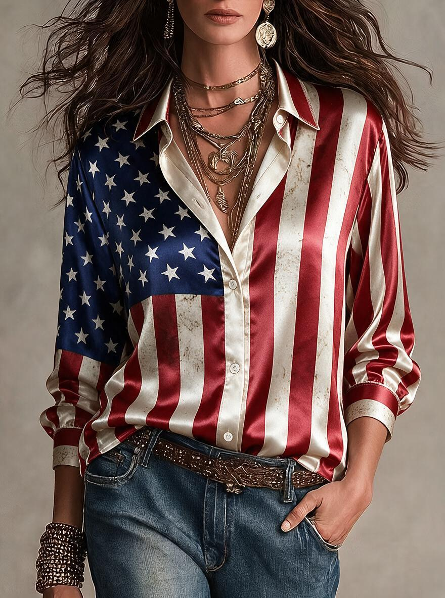 USA Flag Print Satin Shirt