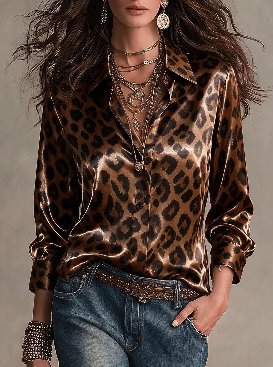 Bronze Leopard Print Satin Shirt