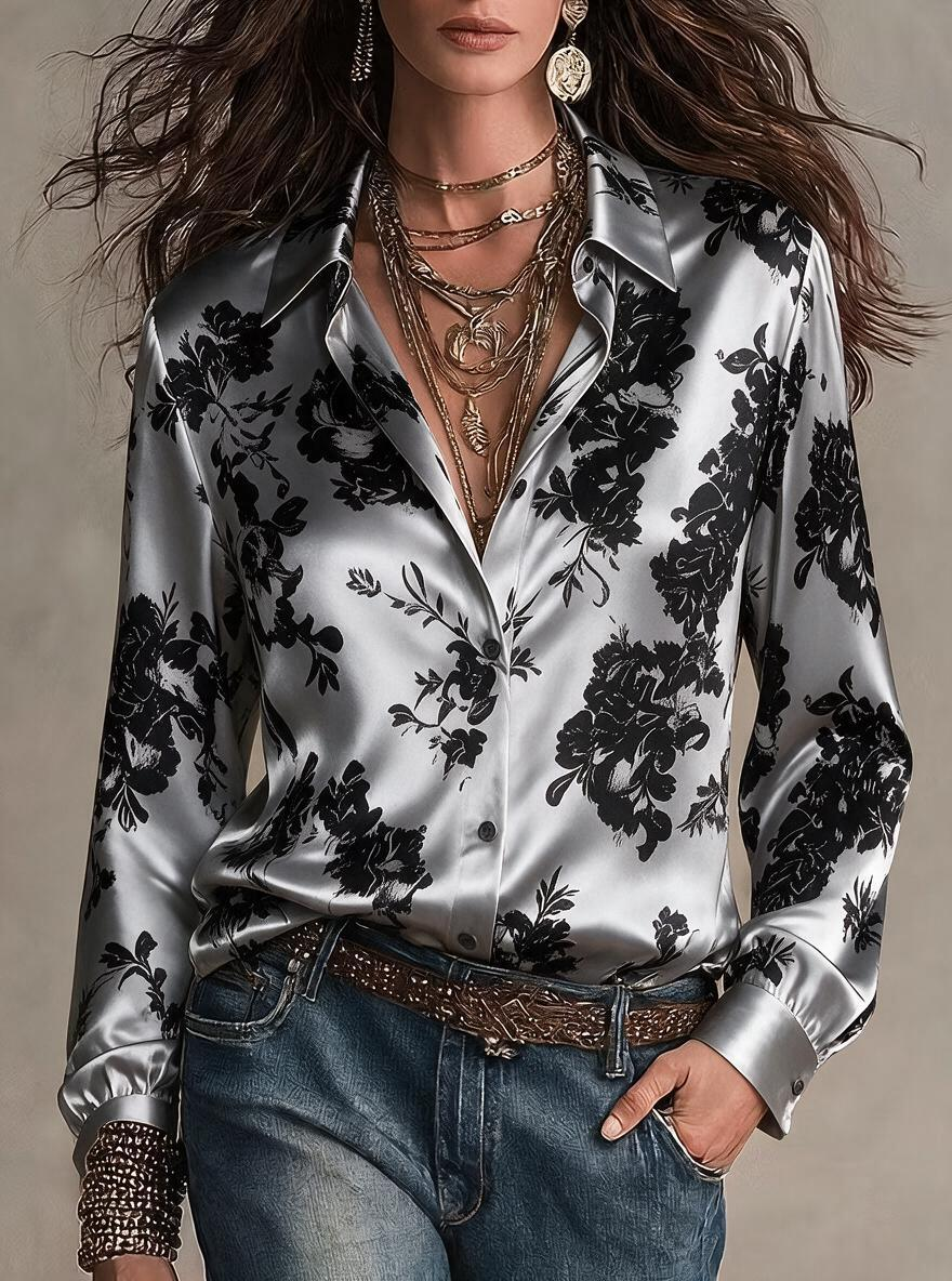 Silver Rose Print Satin Shirt