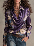 Purple Floral Cowl Neck Satin Blouse