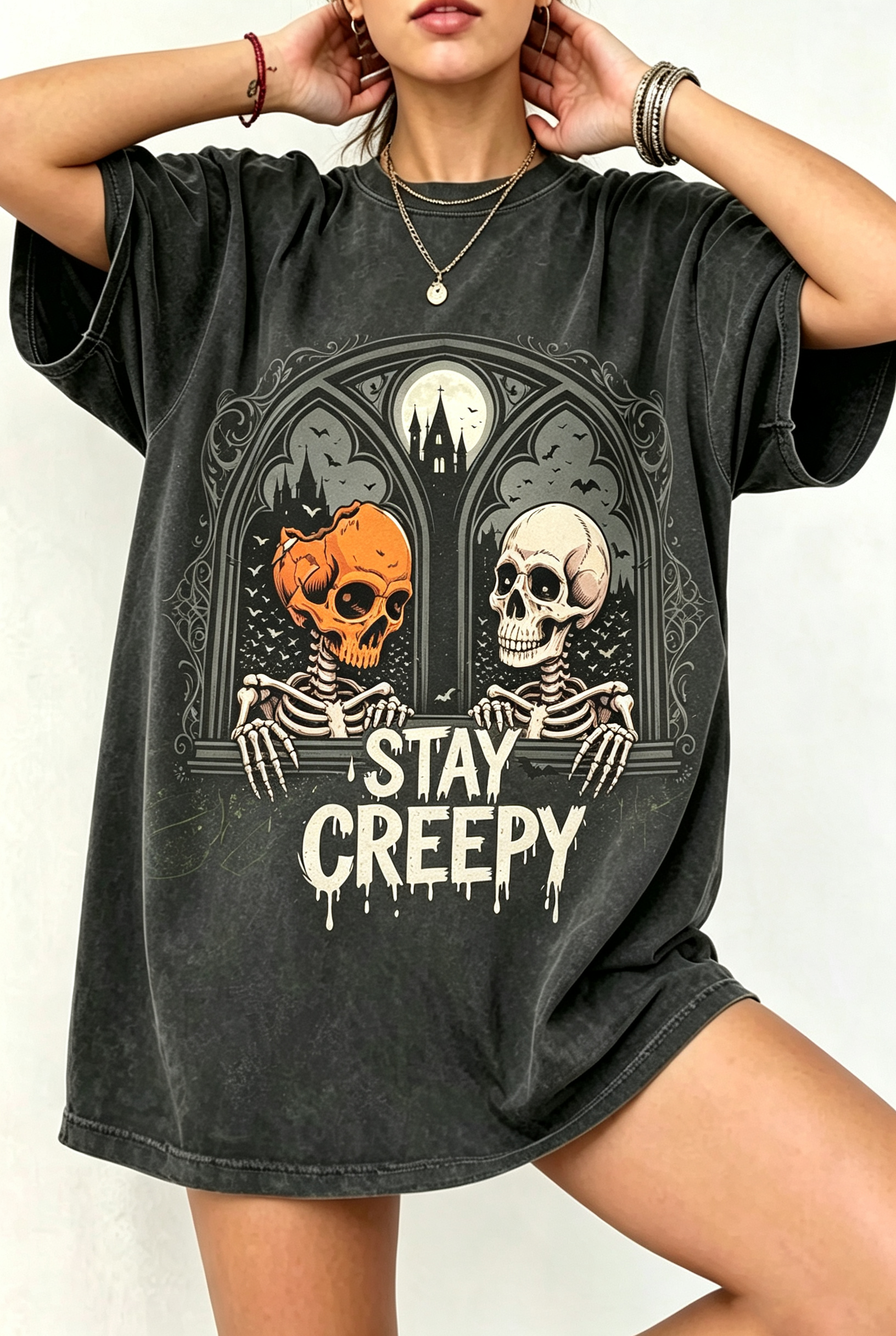 Black Gothic Stay Creepy Skeletons Oversized T-Shirt