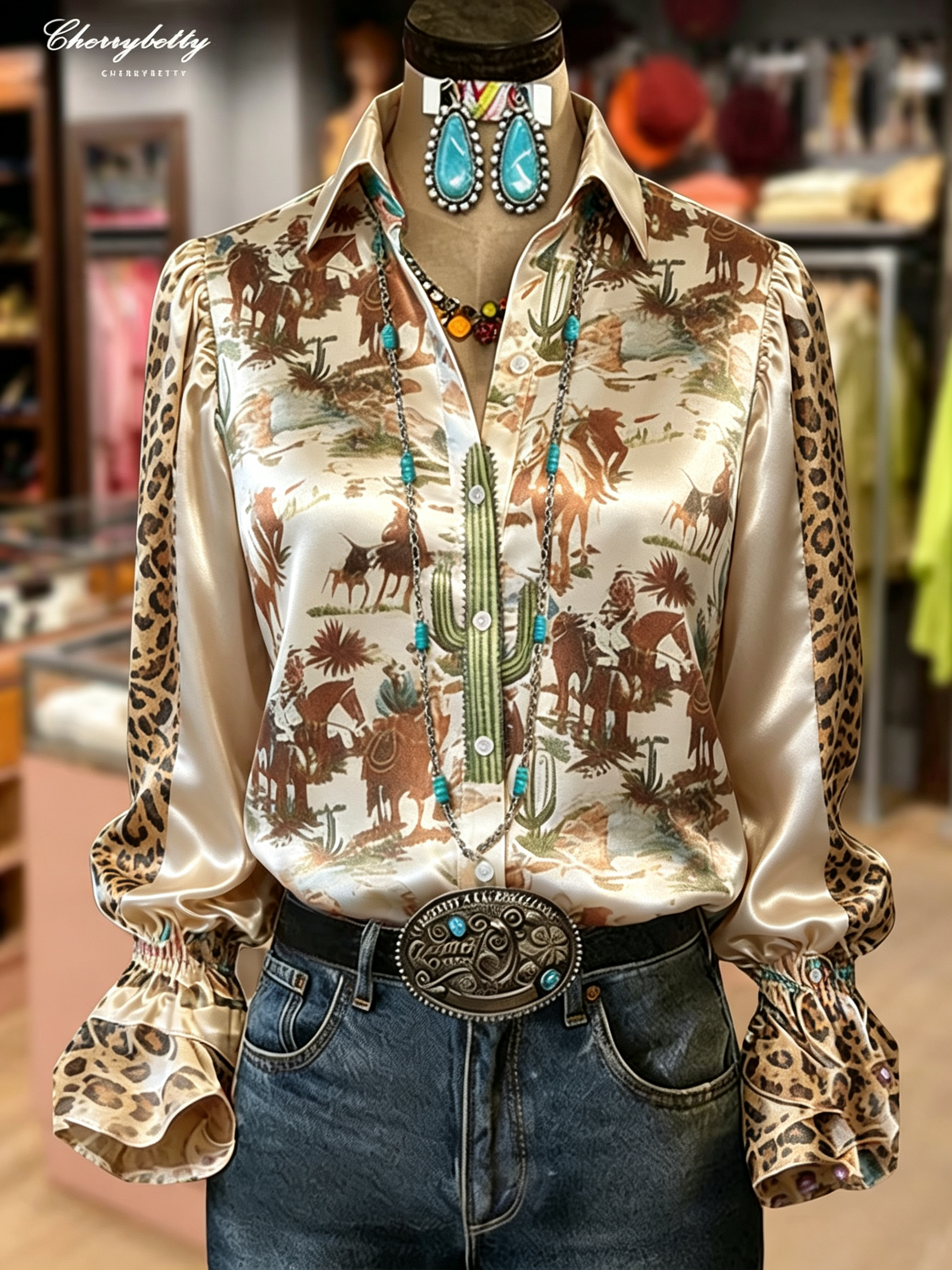 Cream Leopard Western Scenic Satin Blouse