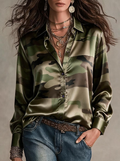 Green Silk Camouflage Button Down Shirt