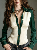Cream Green Contrast Panel Satin Shirt