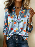 Light Blue Floral Print Satin Shirt