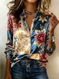 Burgundy Blue Floral Patchwork Satin Shirt