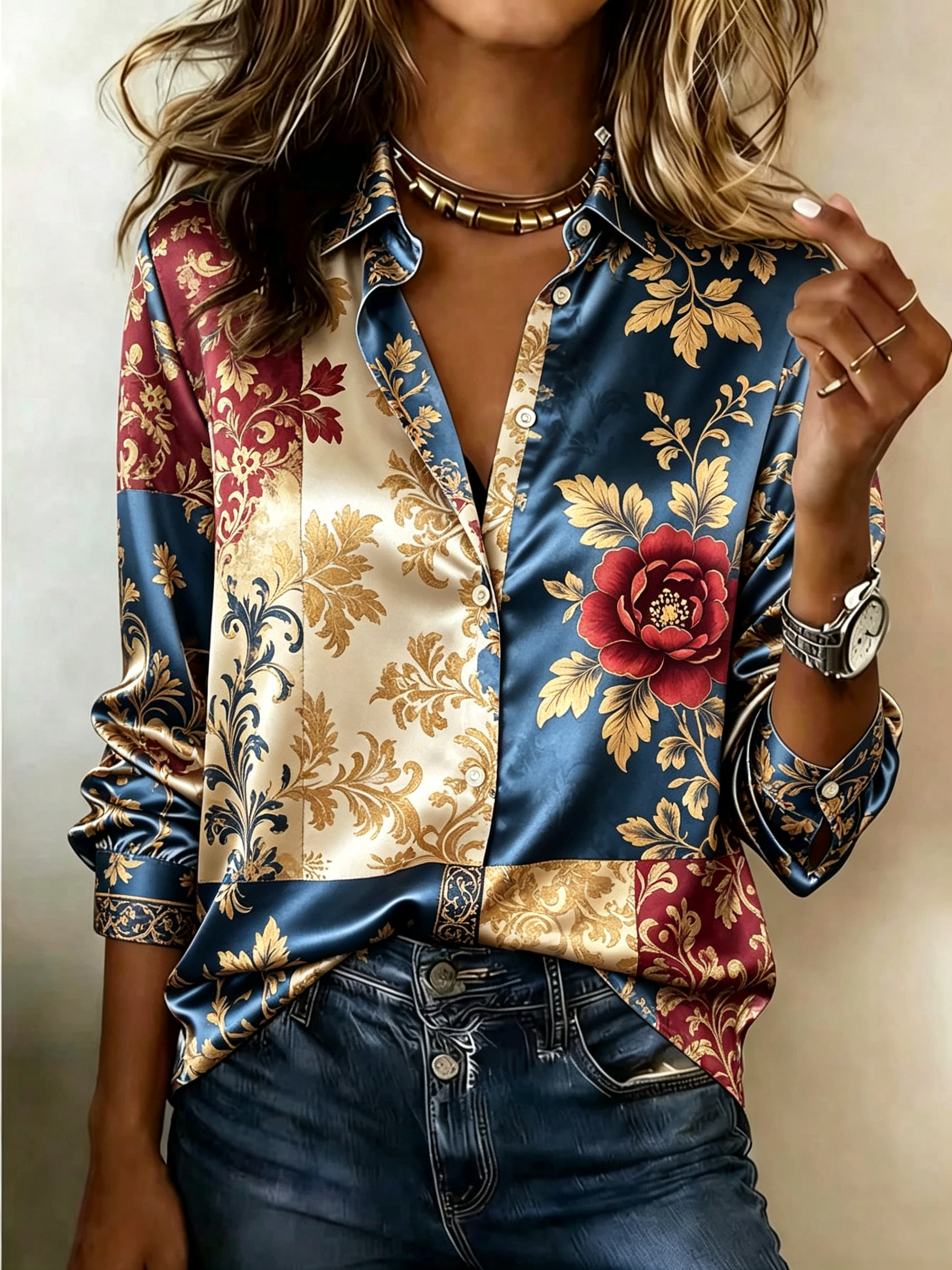 Burgundy Blue Floral Patchwork Satin Shirt