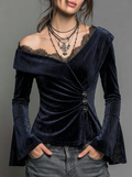 Black Ribbed Velvet Off-Shoulder Top