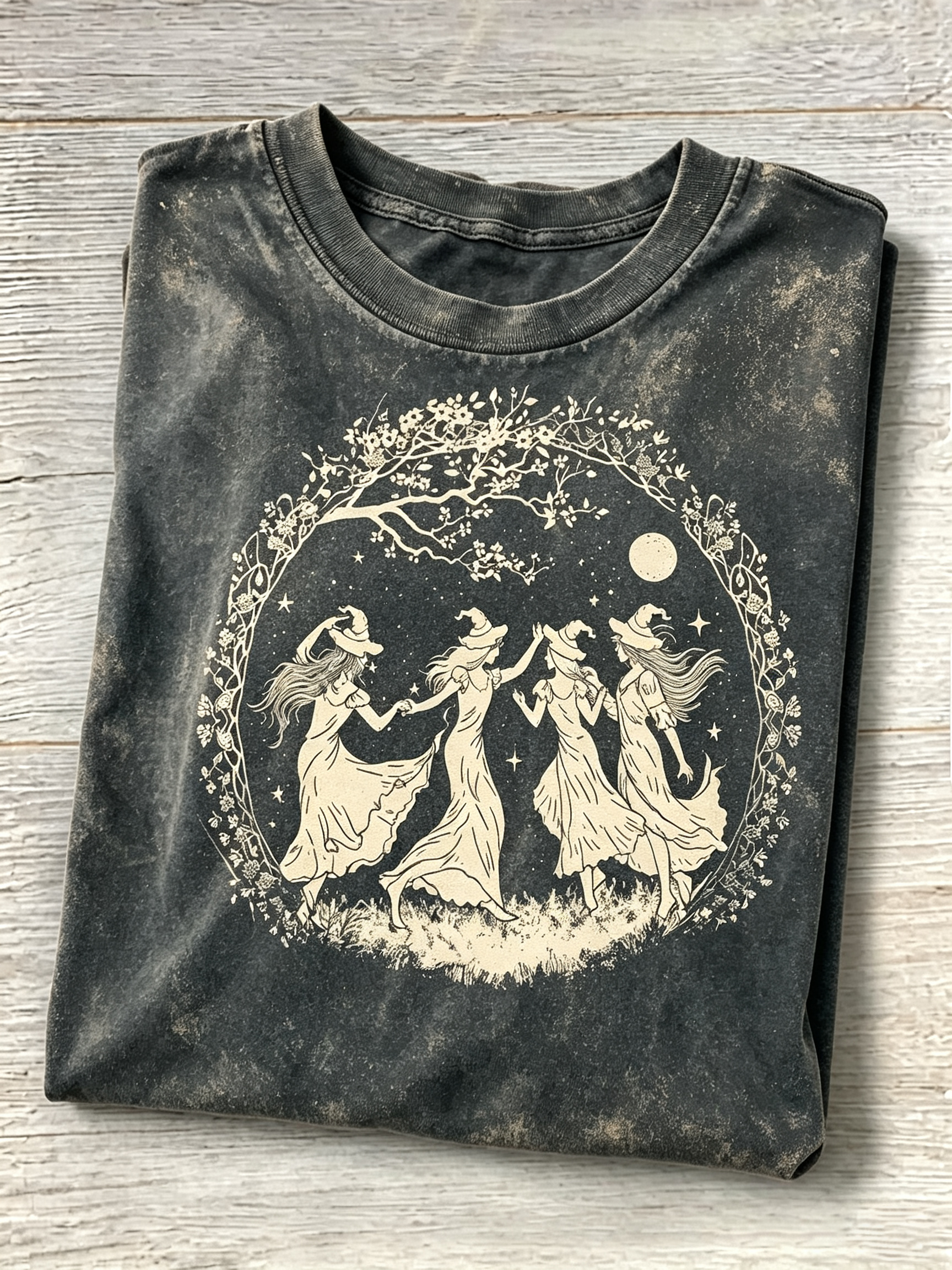 Black Acid Wash Witch Dancing Graphic T-Shirt