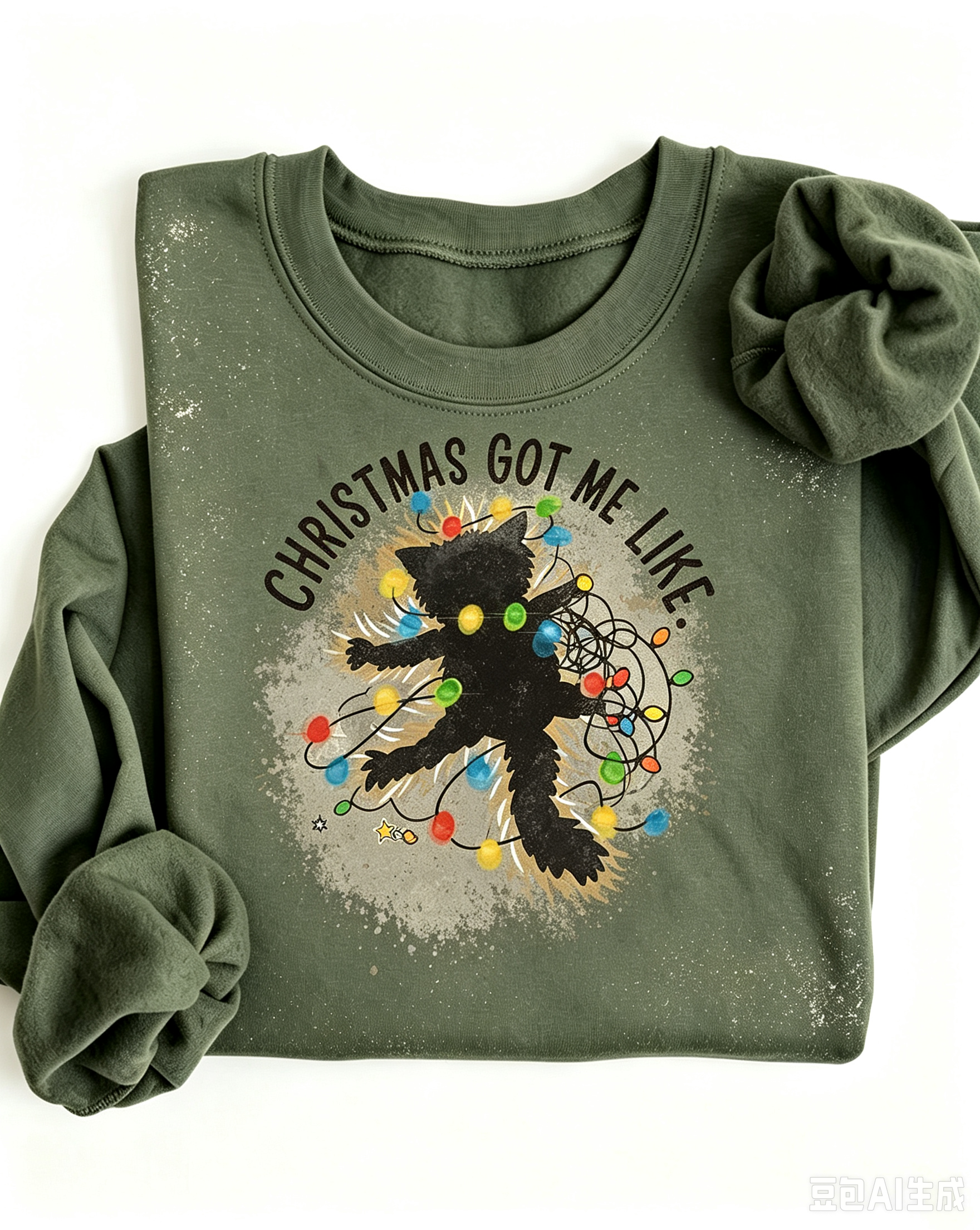 Olive Christmas Got Me Like Cat Tangled Lights Sweatshirt
