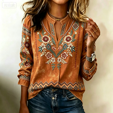 Rust Boho Embroidered Floral Peasant Blouse