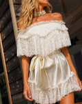 White Lace Off-Shoulder Satin Mini Dress