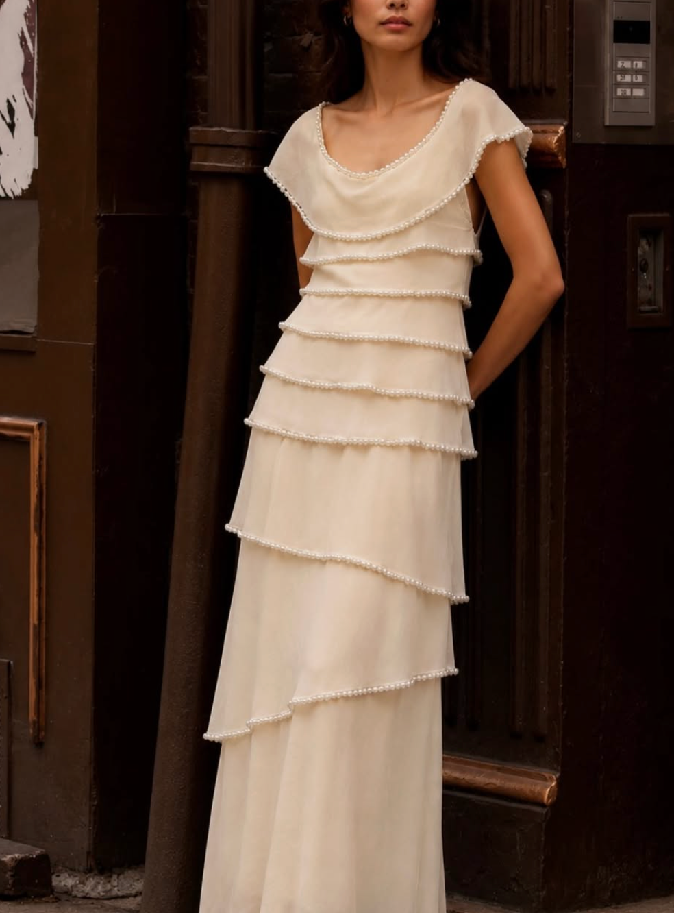 Cream Pearl Tiered Chiffon Maxi Dress