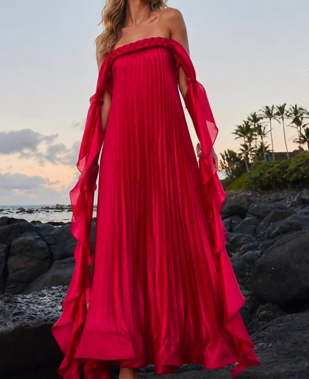 Red Pleated Flowy Cape Maxi Dress