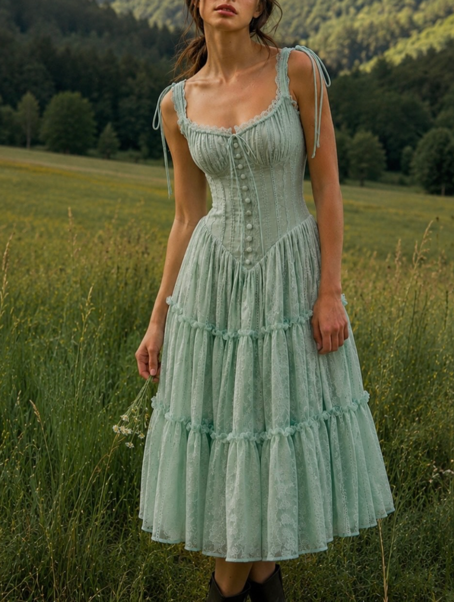 Sage Green Lace Corset Tiered Midi Dress