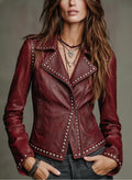 Burgundy Studded Leather Moto Jacket
