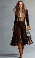 Brown Velvet Lace Trim Maxi Coat Dress