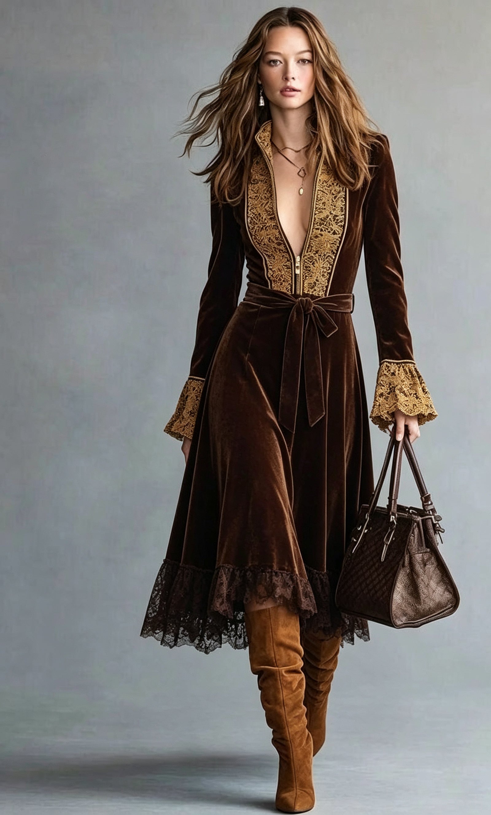 Brown Velvet Lace Trim Maxi Coat Dress