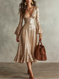 Champagne Sequin Ruffle Midi Dress