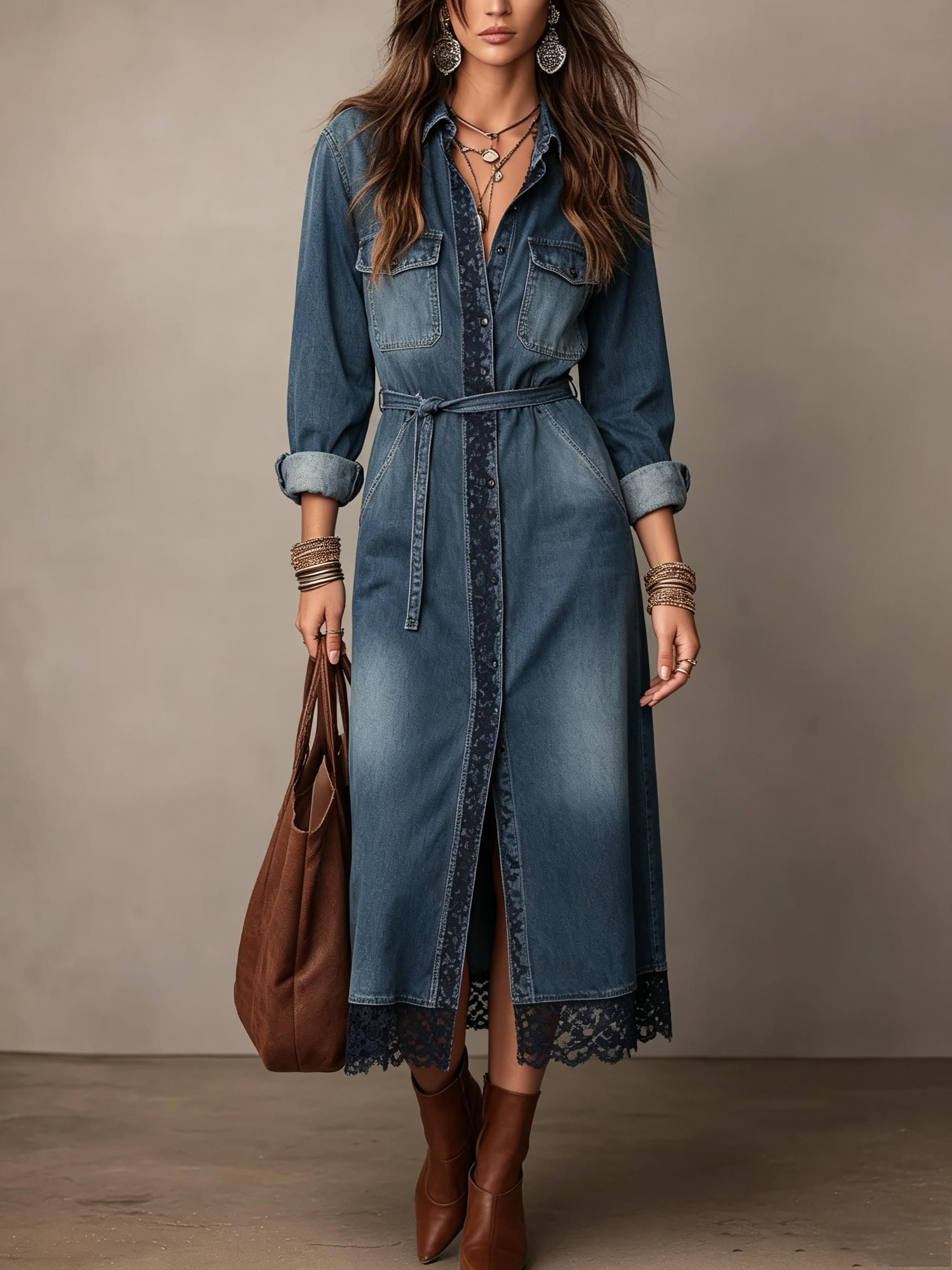 Blue Denim Lace Trim Shirt Dress