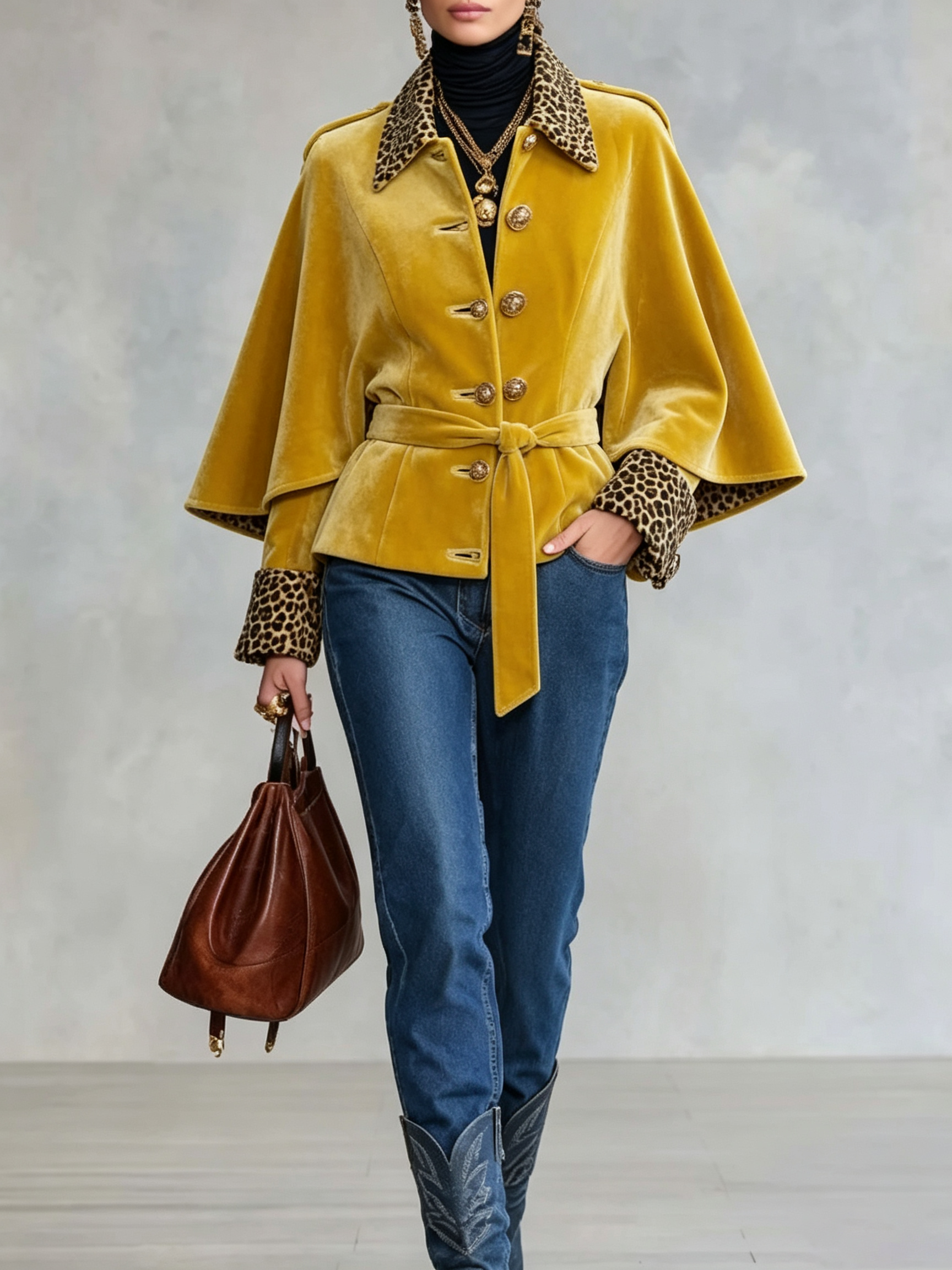 Yellow Velvet Leopard Trim Cape Jacket