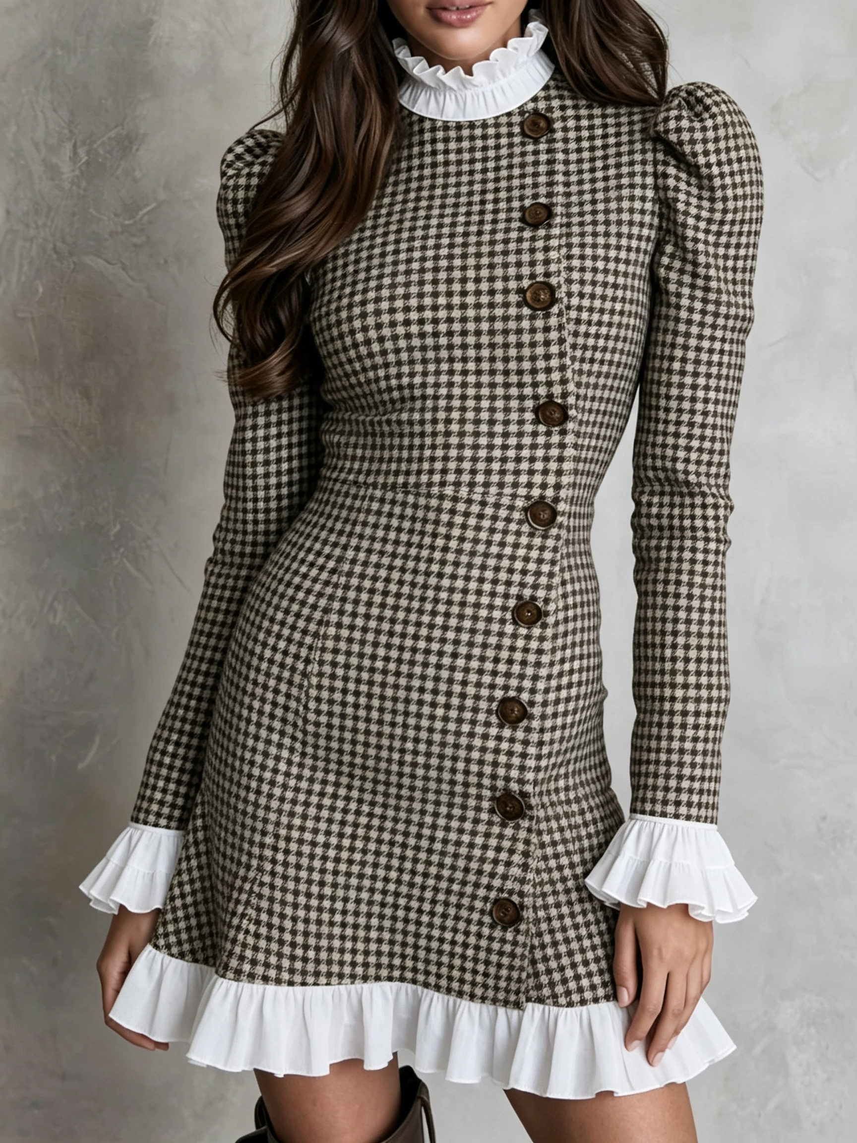 Brown Houndstooth White Ruffle Mini Dress