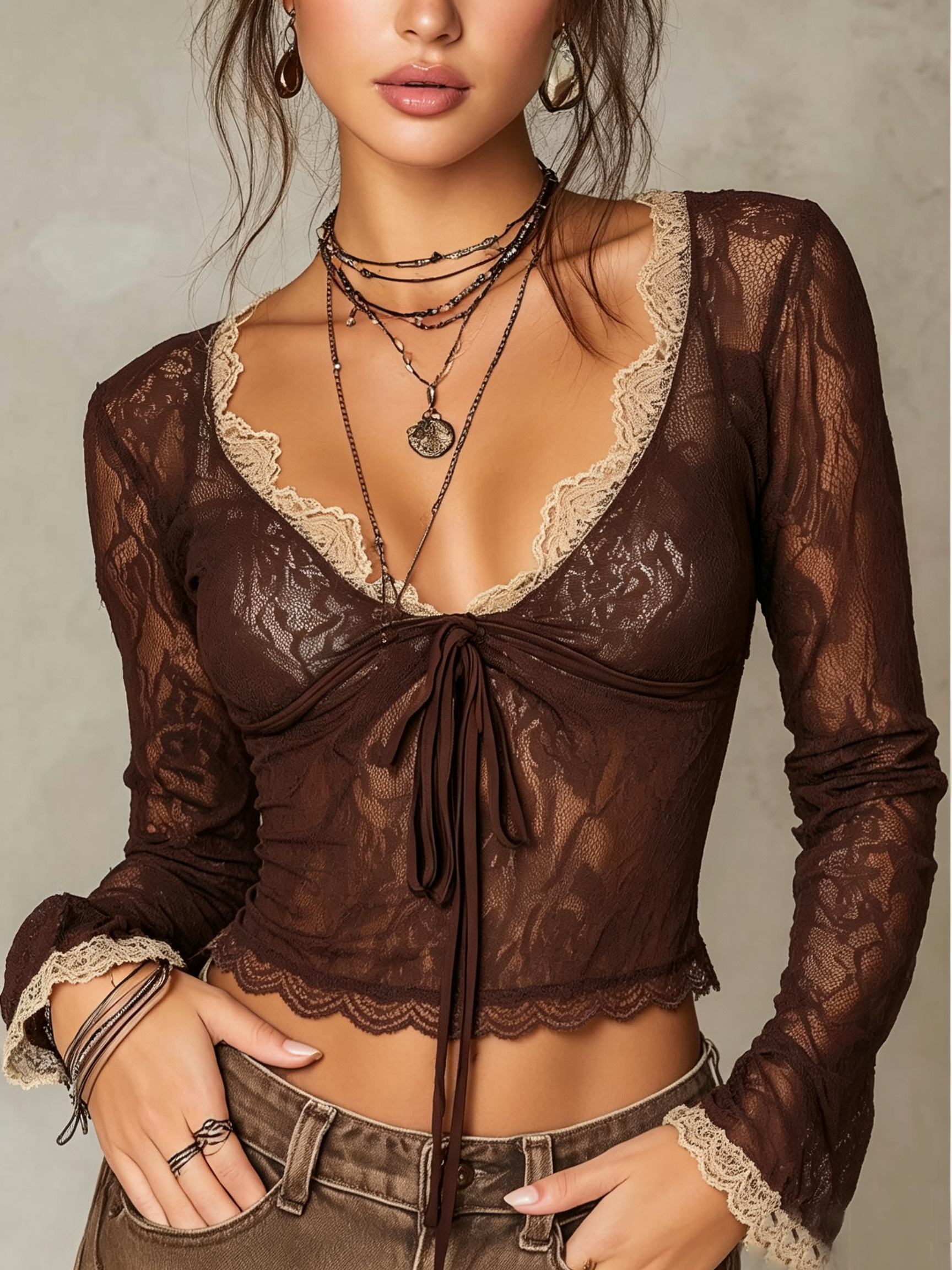 Brown Lace Front Tie Crop Top
