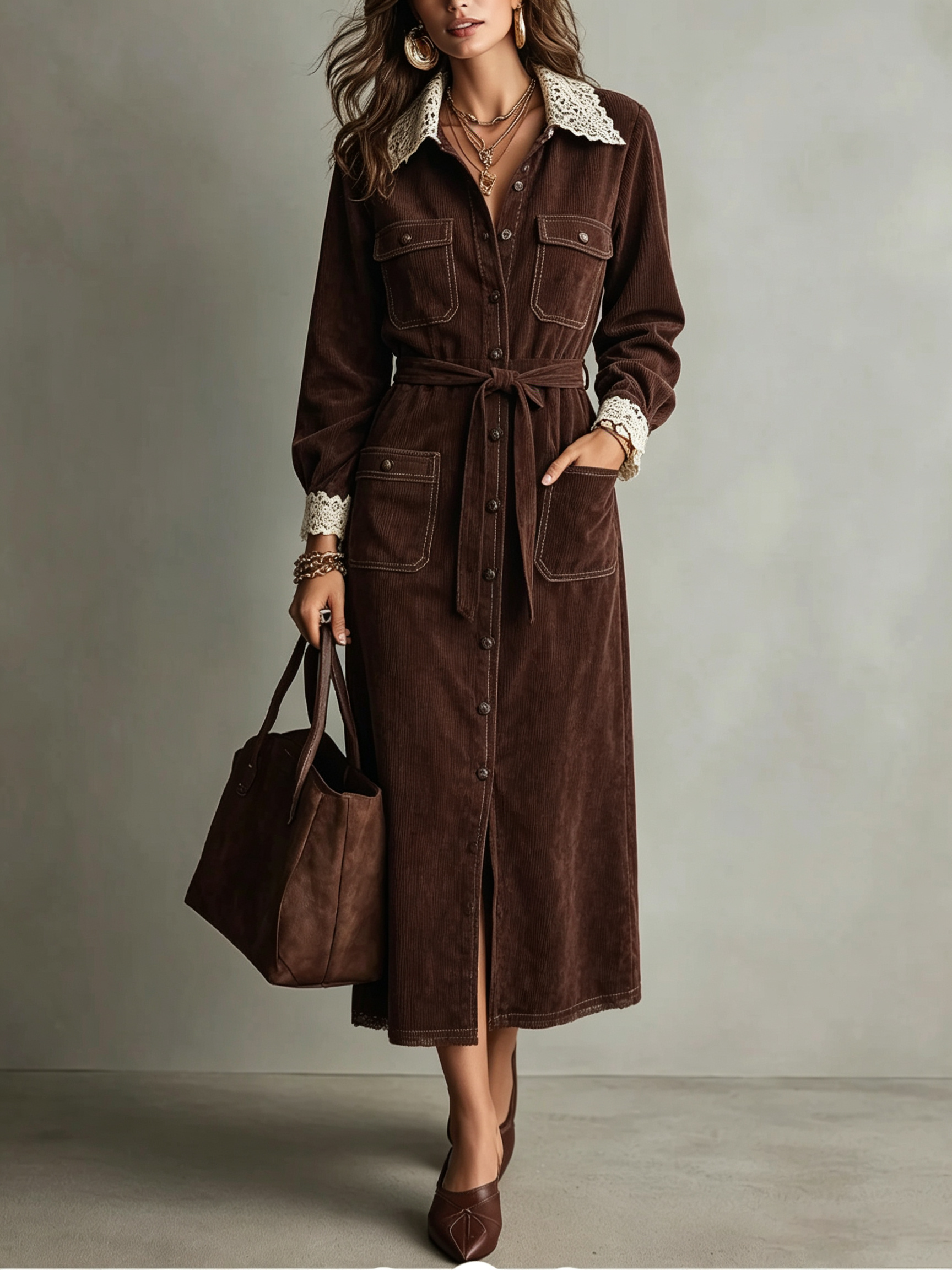 Brown Corduroy Lace Collar Shirt Dress
