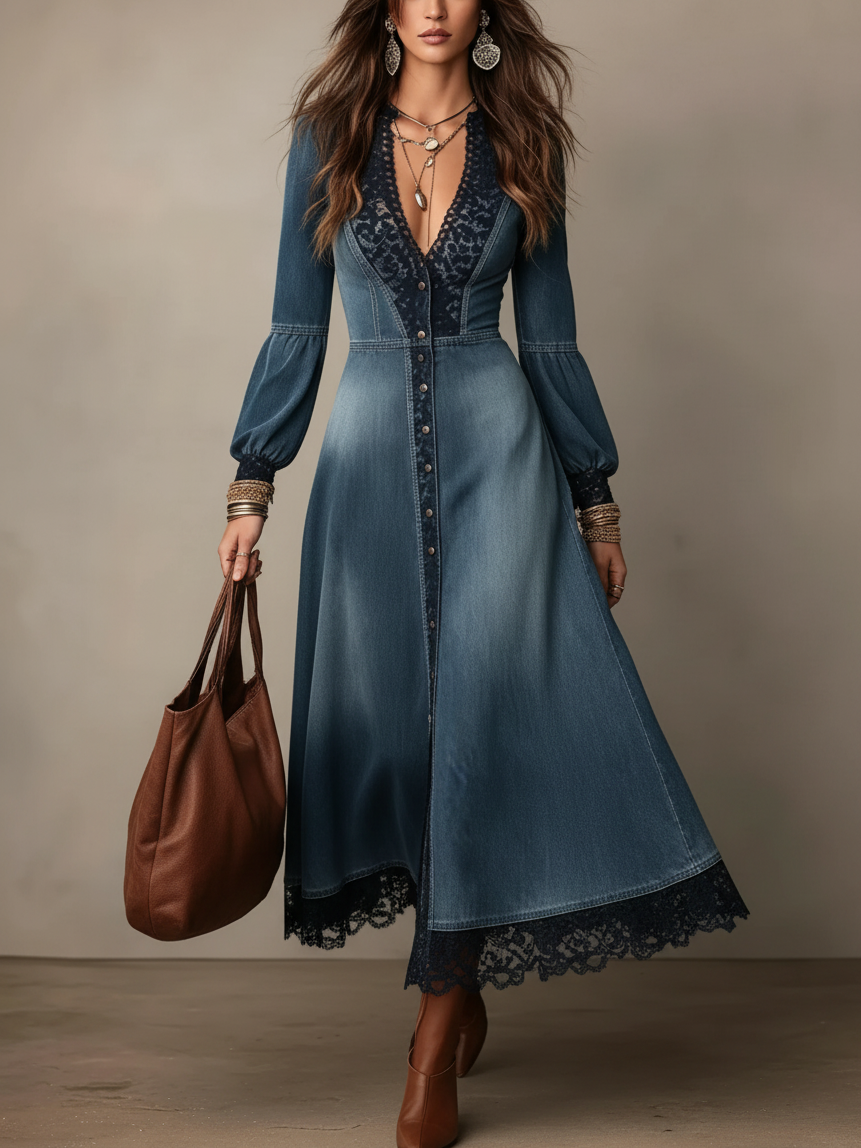 Blue Denim Lace Trim Midi Dress