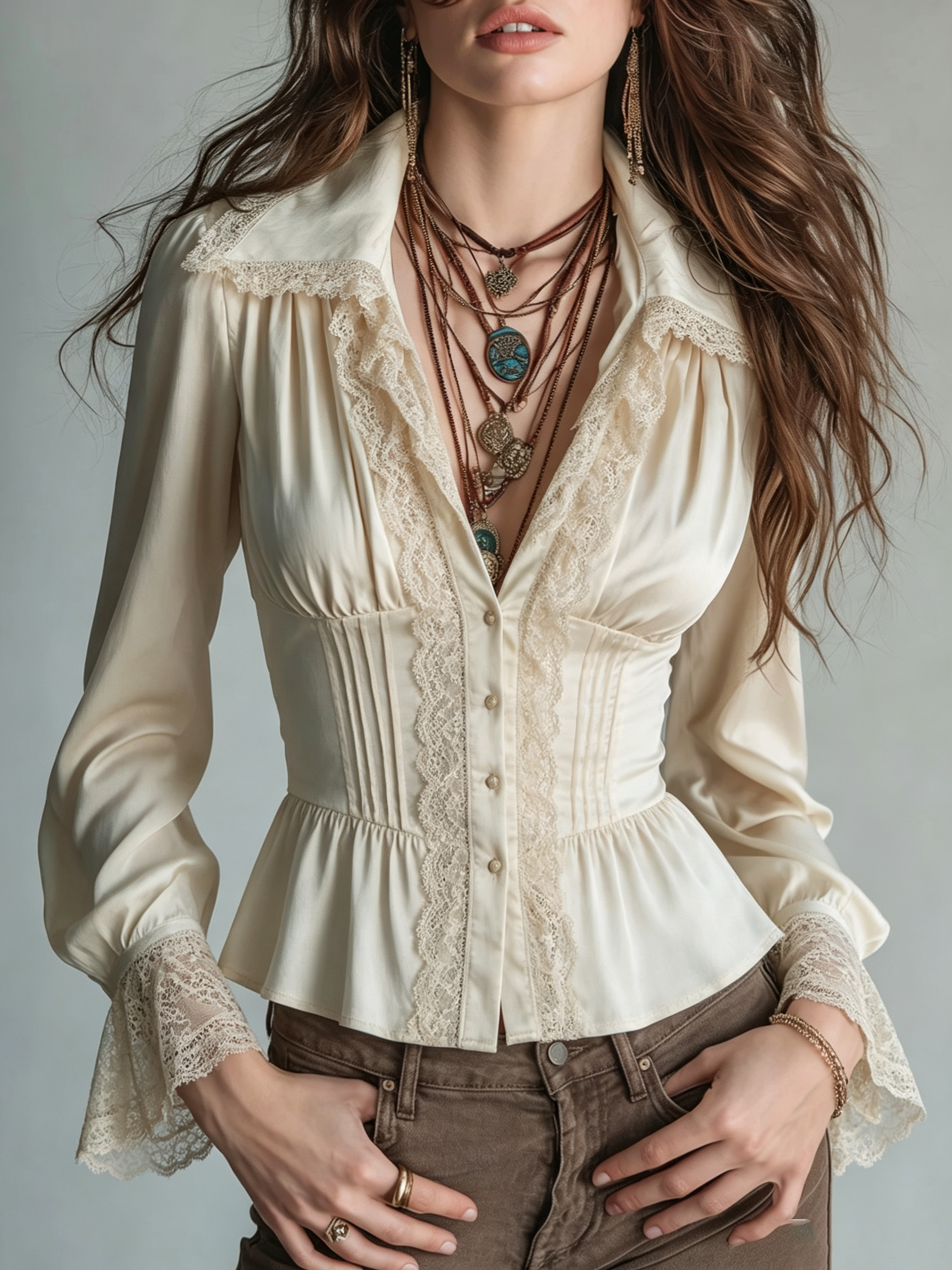 Cream Lace Trim Corset Peplum Blouse