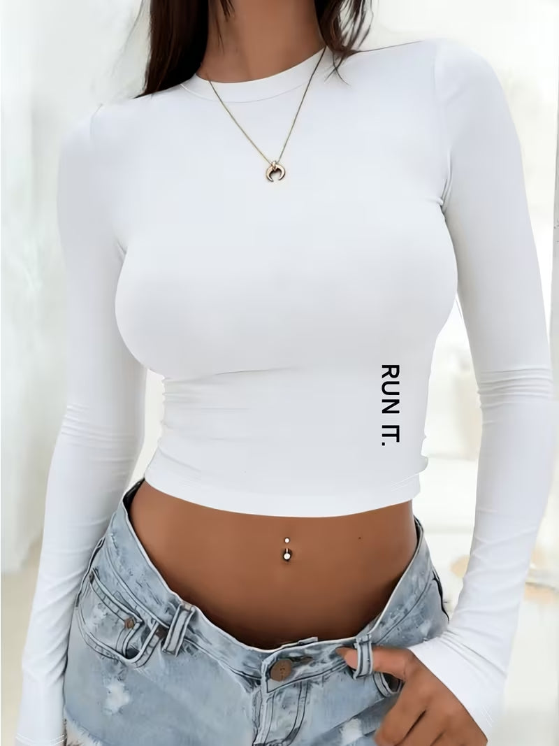 White Run It Side Text Long Sleeve Top