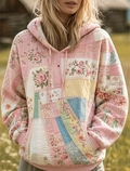 Pink Floral Patchwork Quilted Hoodie