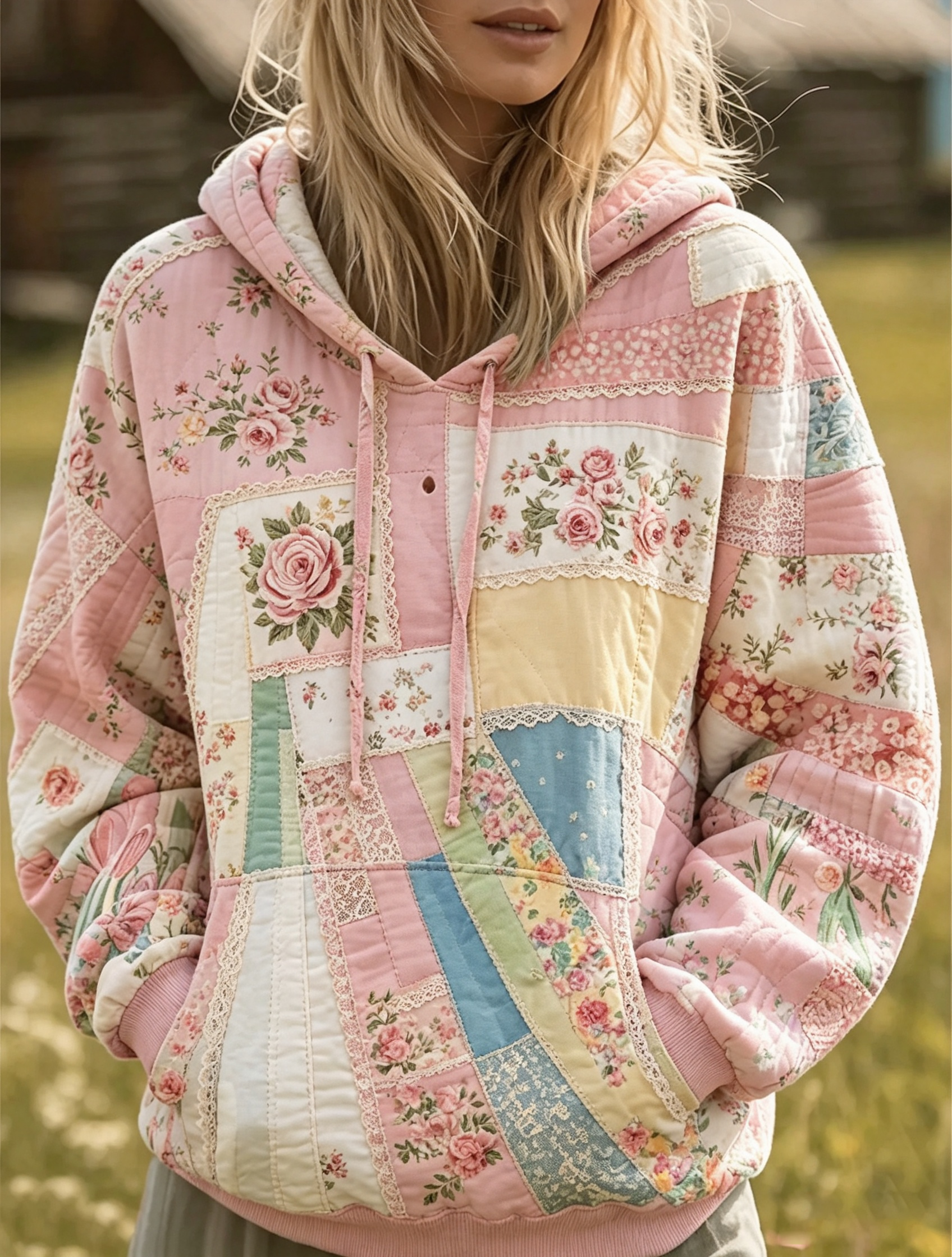 Pink Floral Patchwork Quilted Hoodie