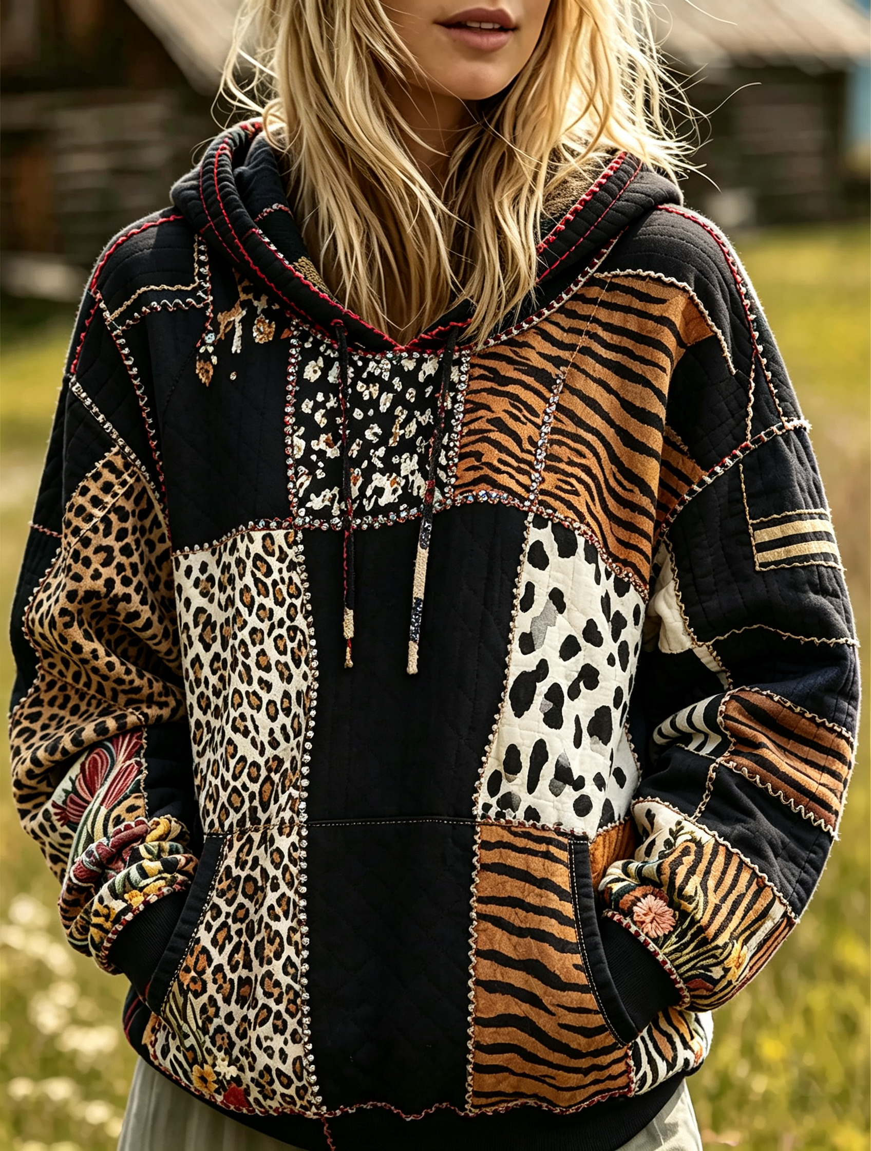 Black Animal Patchwork Quilted Hoodie