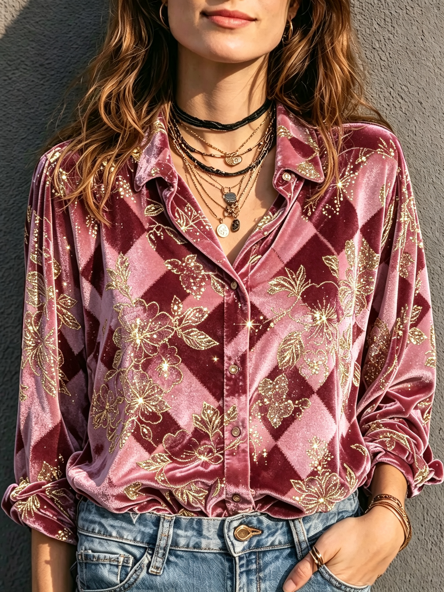 Pink Velvet Checkered Floral Shirt