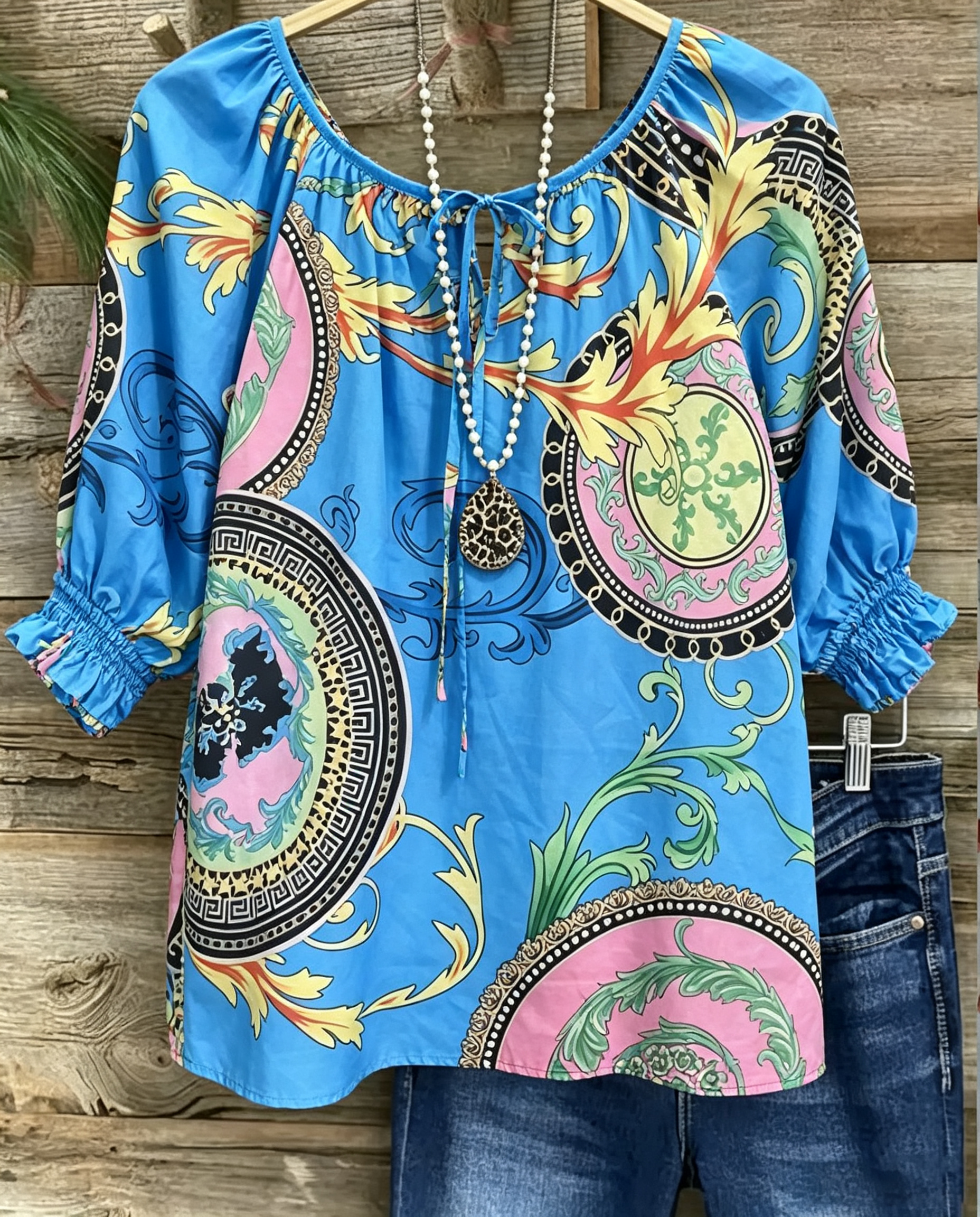Blue Baroque Print Smocked Blouse
