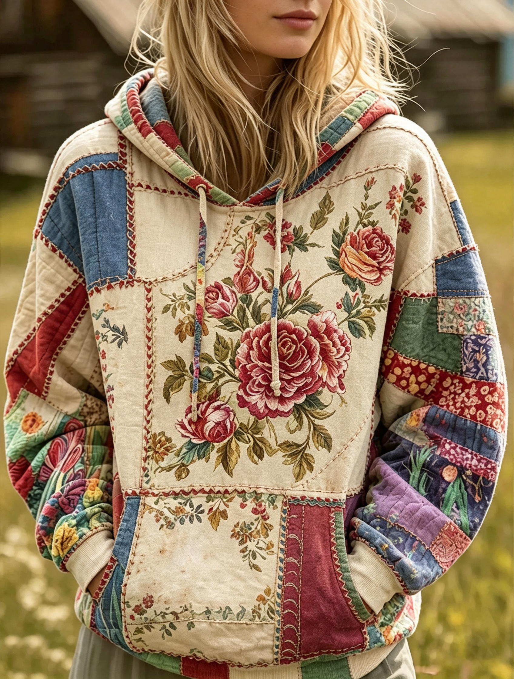 Cream Rose Patchwork Hoodie