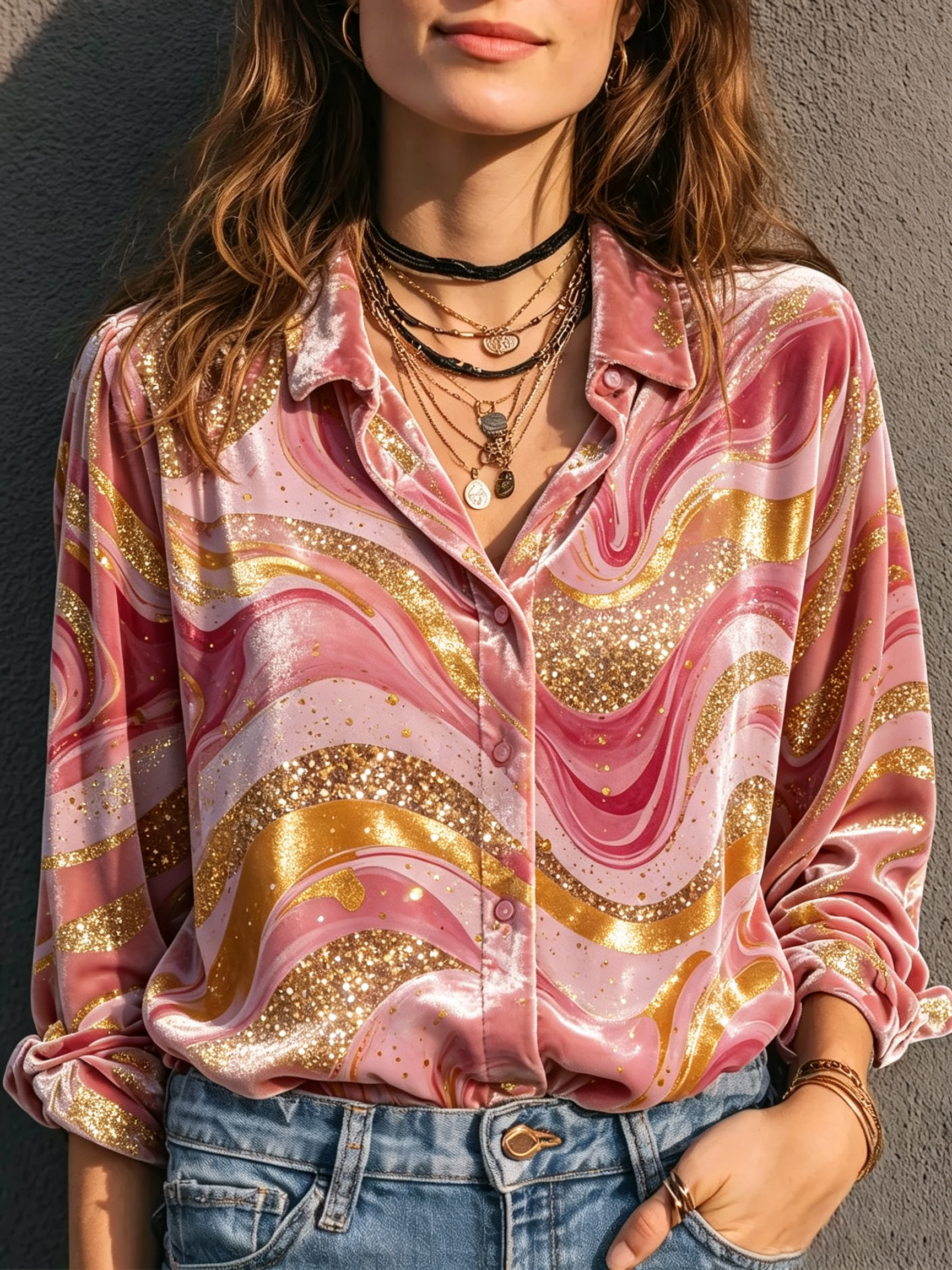 Pink Marble Print Satin Shirt