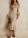 Beige Feathered Midi Dress