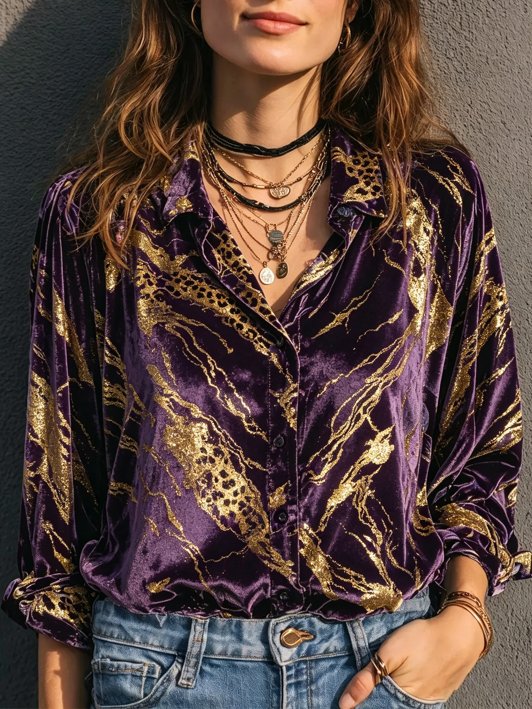 Purple Gold Marble Velvet Shirt