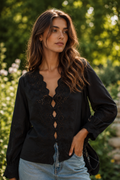 Black Eyelet Lace-Up Long Sleeve Blouse