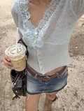 Blue Lace Trim Button-Up Knit Top