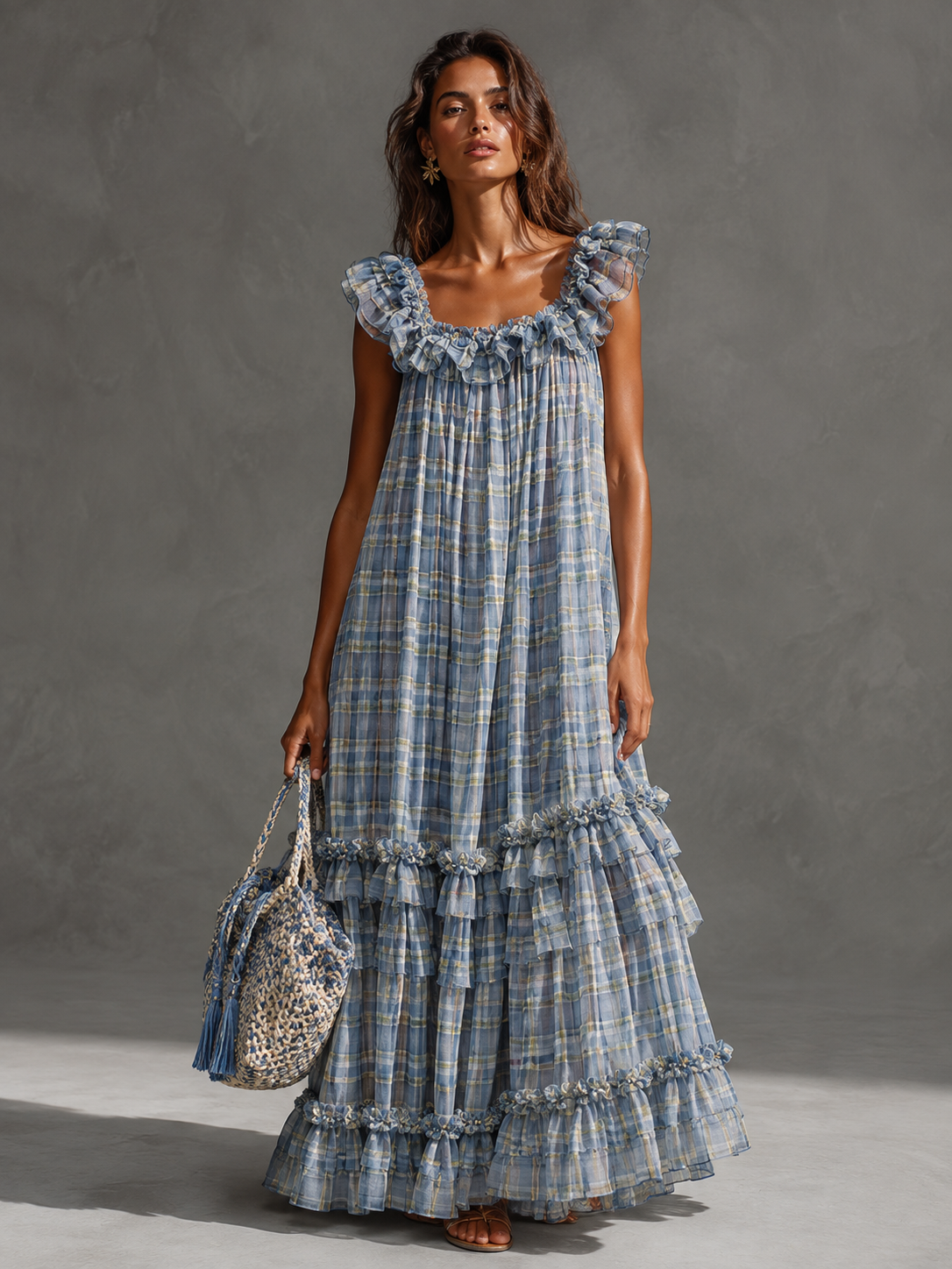 Blue Plaid Ruffled Tiered Maxi Dress