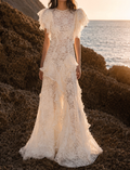 Ivory Floral Lace Ruffle Maxi Dress