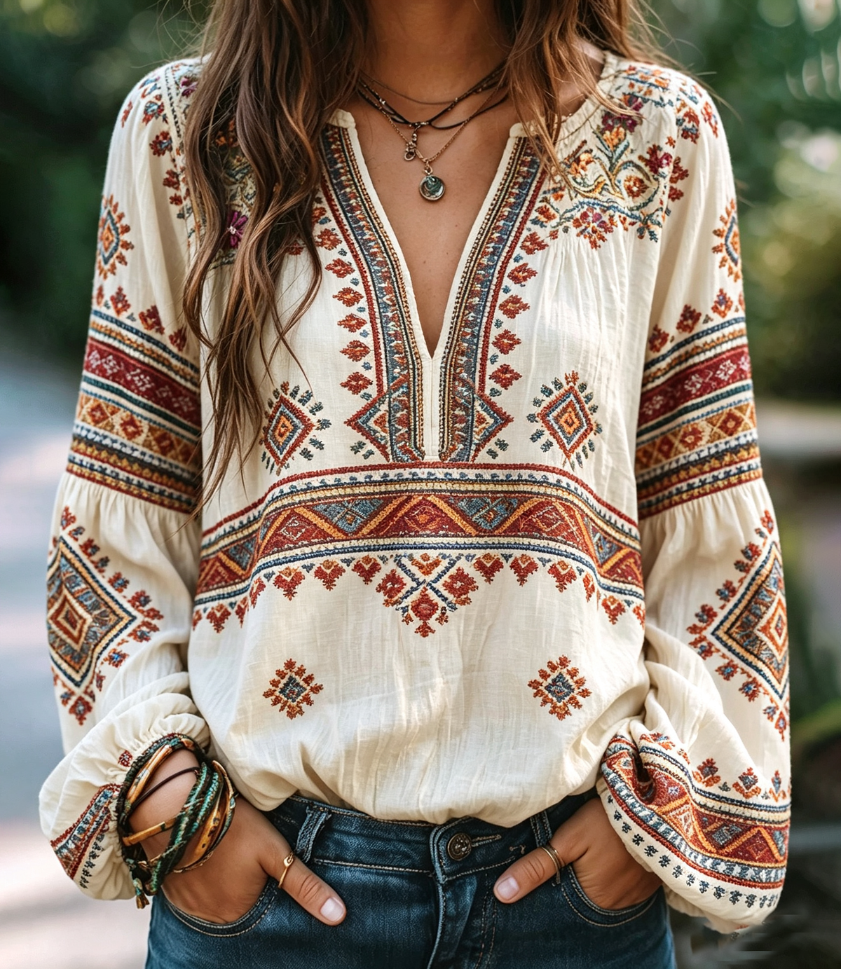 Cream Aztec Embroidered Boho Blouse