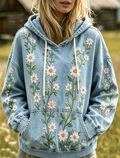 Blue Floral Embroidered Denim Hoodie