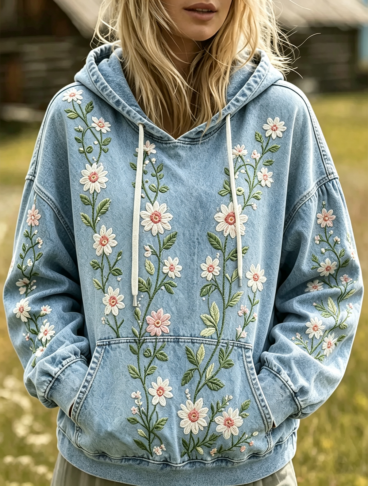Blue Floral Embroidered Denim Hoodie